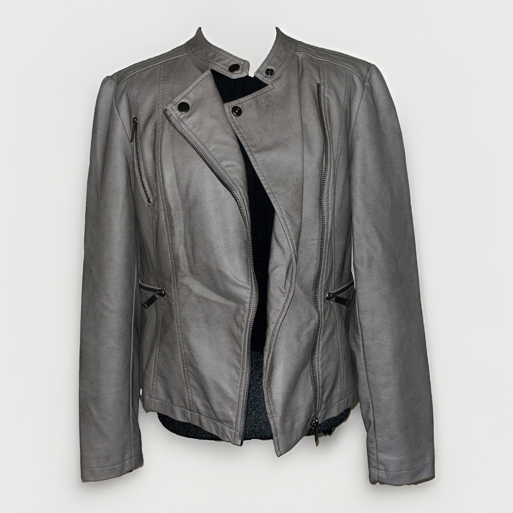 Kaari Blue Faux Leather Moto Jacket Grey Taupe Medium M